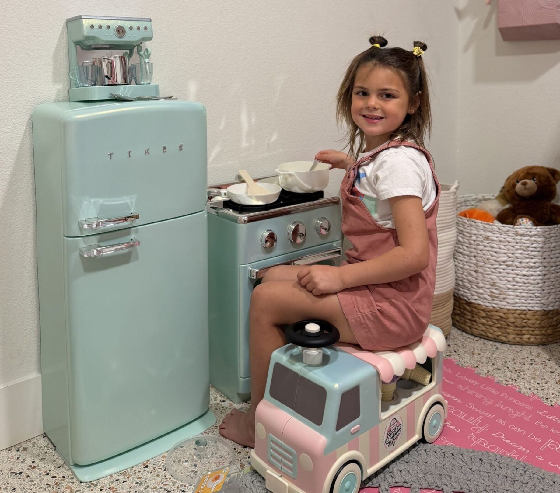 Little Tikes Sweet Spaces play kitchen toys from Target with pretend food, retro toy refrigerator and stove for preschool imaginative play.