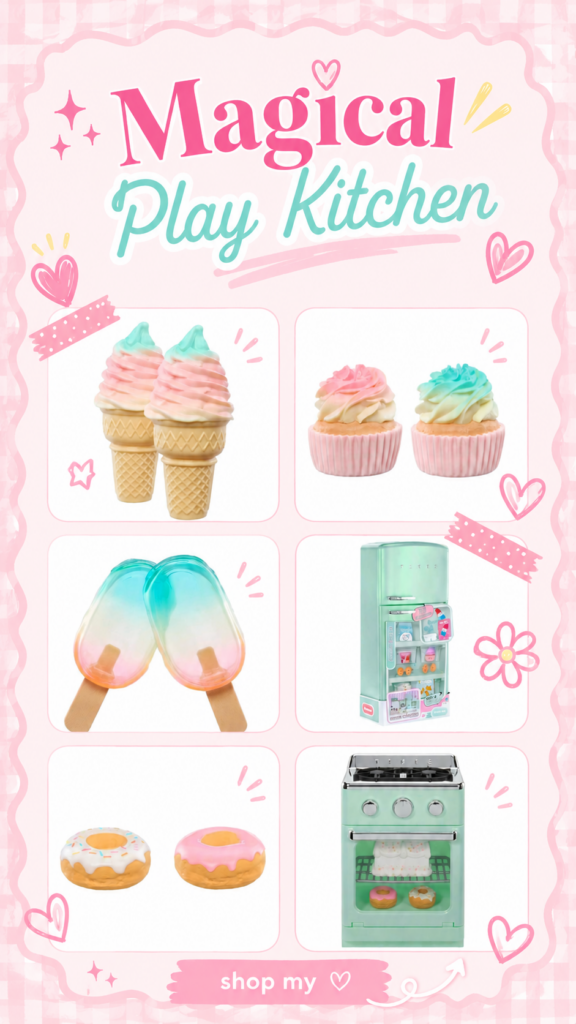 Little Tikes Sweet Spaces play kitchen toys from Target with pretend food, retro toy refrigerator and stove for preschool imaginative play.